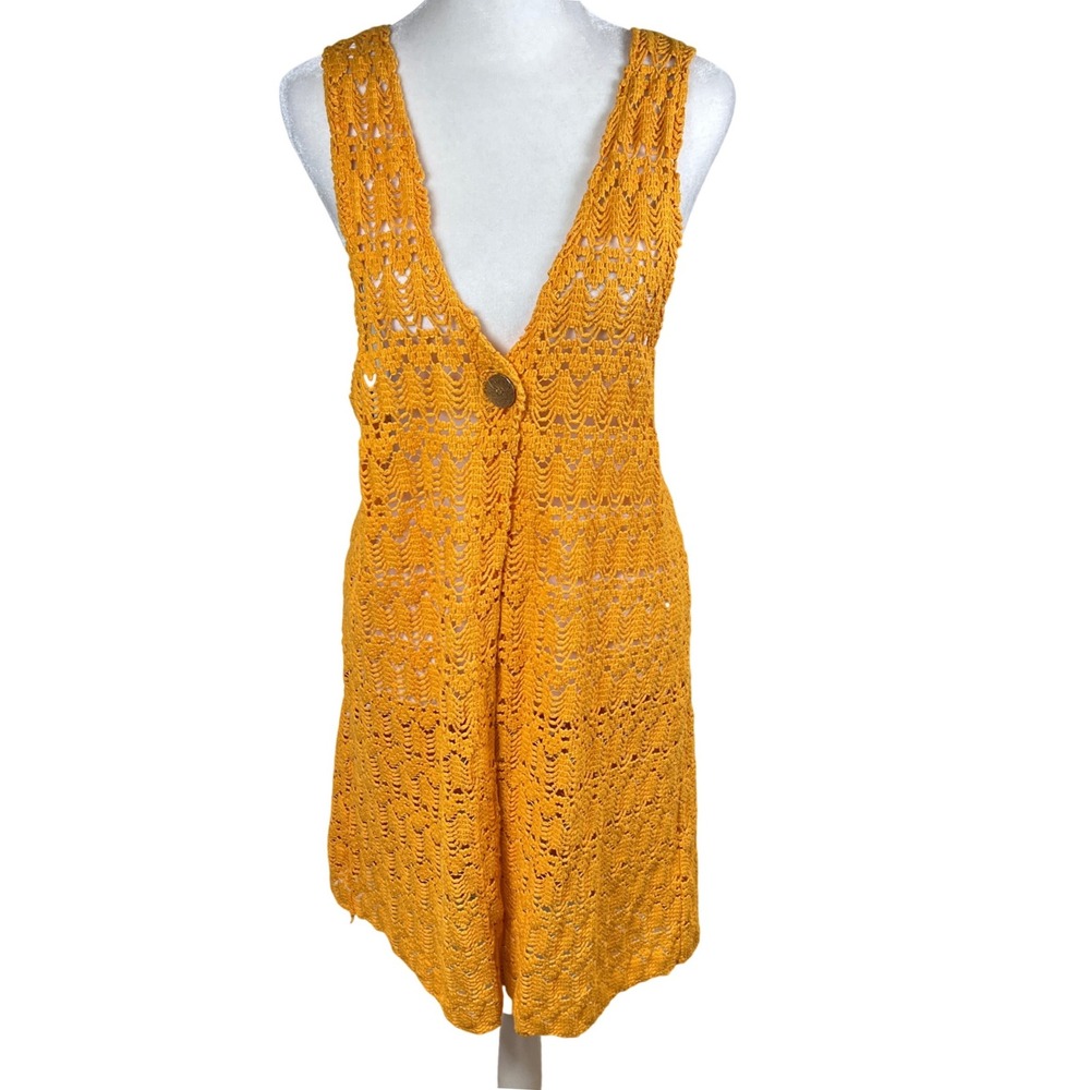 Vintage Crochet Knit Vest Marigold Yellow Boho Sleeveless‎ Longline Plus Size 18